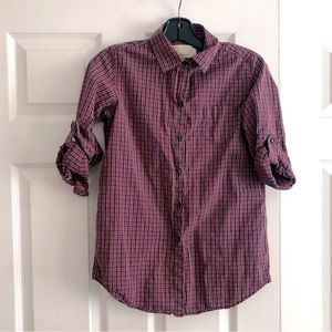 Trovata red plaid button for shirt, rolled sleeves celeb fav